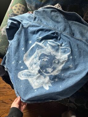Blue Denim Shirt Jacket with Hand painted White Airbrushed Cowgirl Graphic